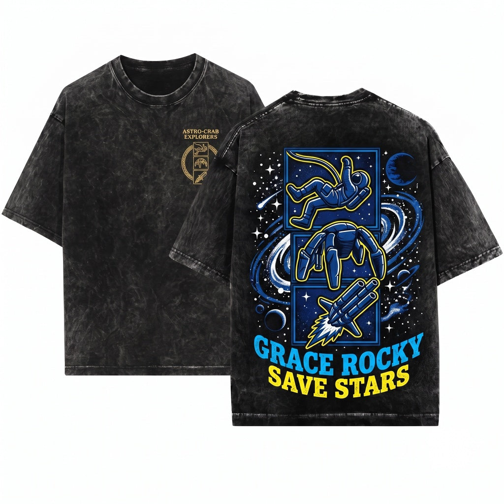 Project Hail Mary Grace Rocky Embroidered Crewneck Save Stars Trio Sci Fi Space Apparel Gift Movie Fan Unisex Wash T-Shirt