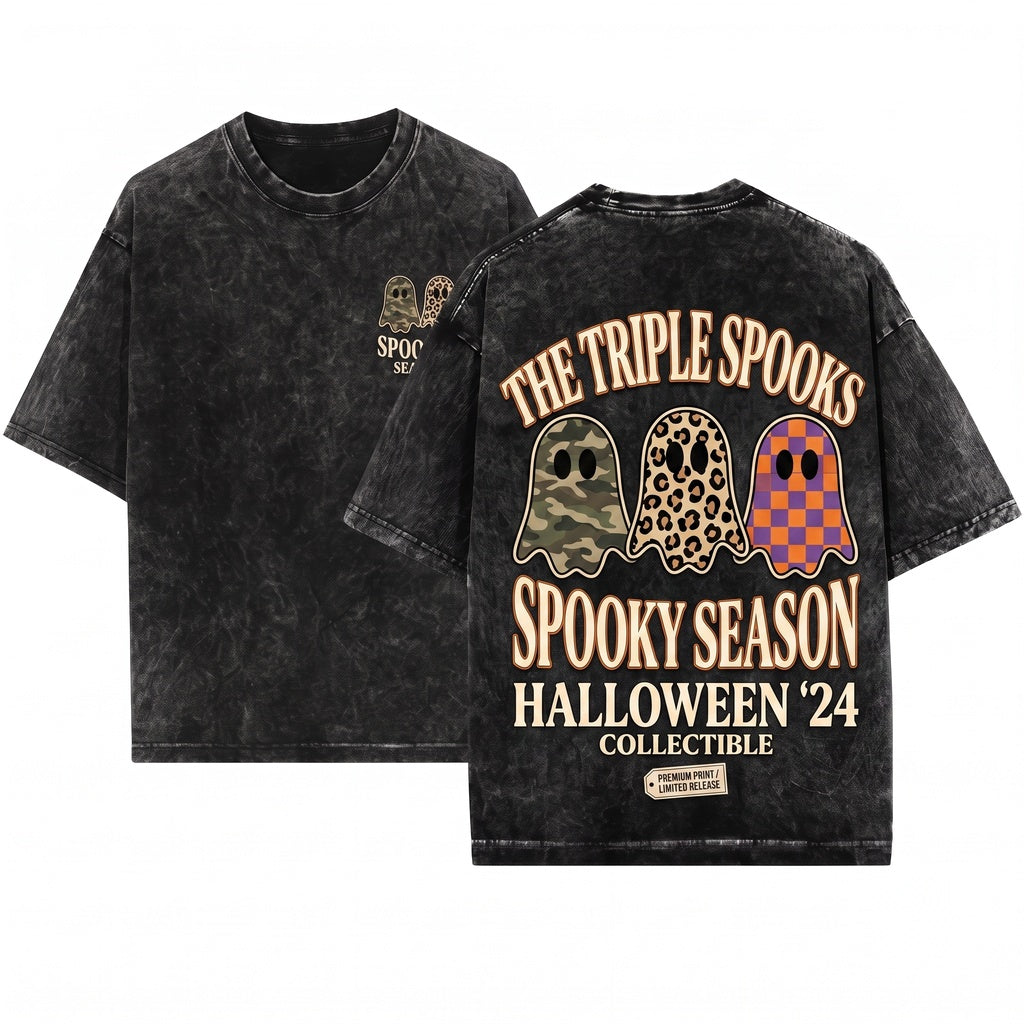 Spooky Season Creepy Ghost Vintage Halloween Unisex Wash T-Shirt