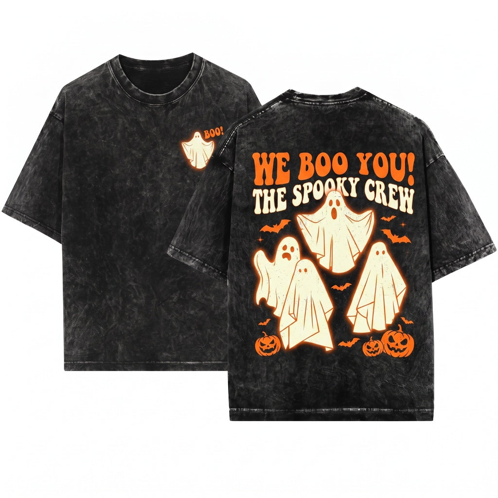 Retro Vintage Halloween Ghost Haunted House Spooky Season Vibes Womens Boxy Cropped Unisex Wash T-Shirt