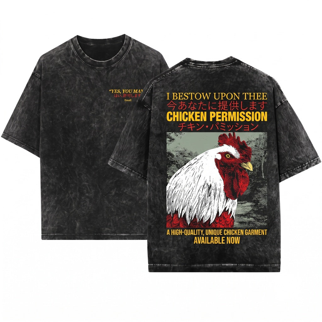 Vintage Japanese Chicken Permission Graphic Unisex Wash T-Shirt