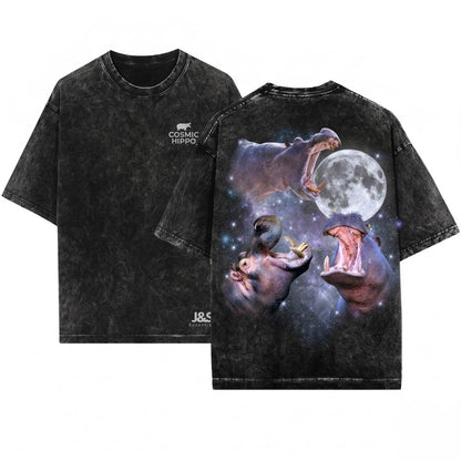 Three Hippo Retro Moon Graphic Funny Vintage Oversized Silly Gift Unisex Wash T-Shirt