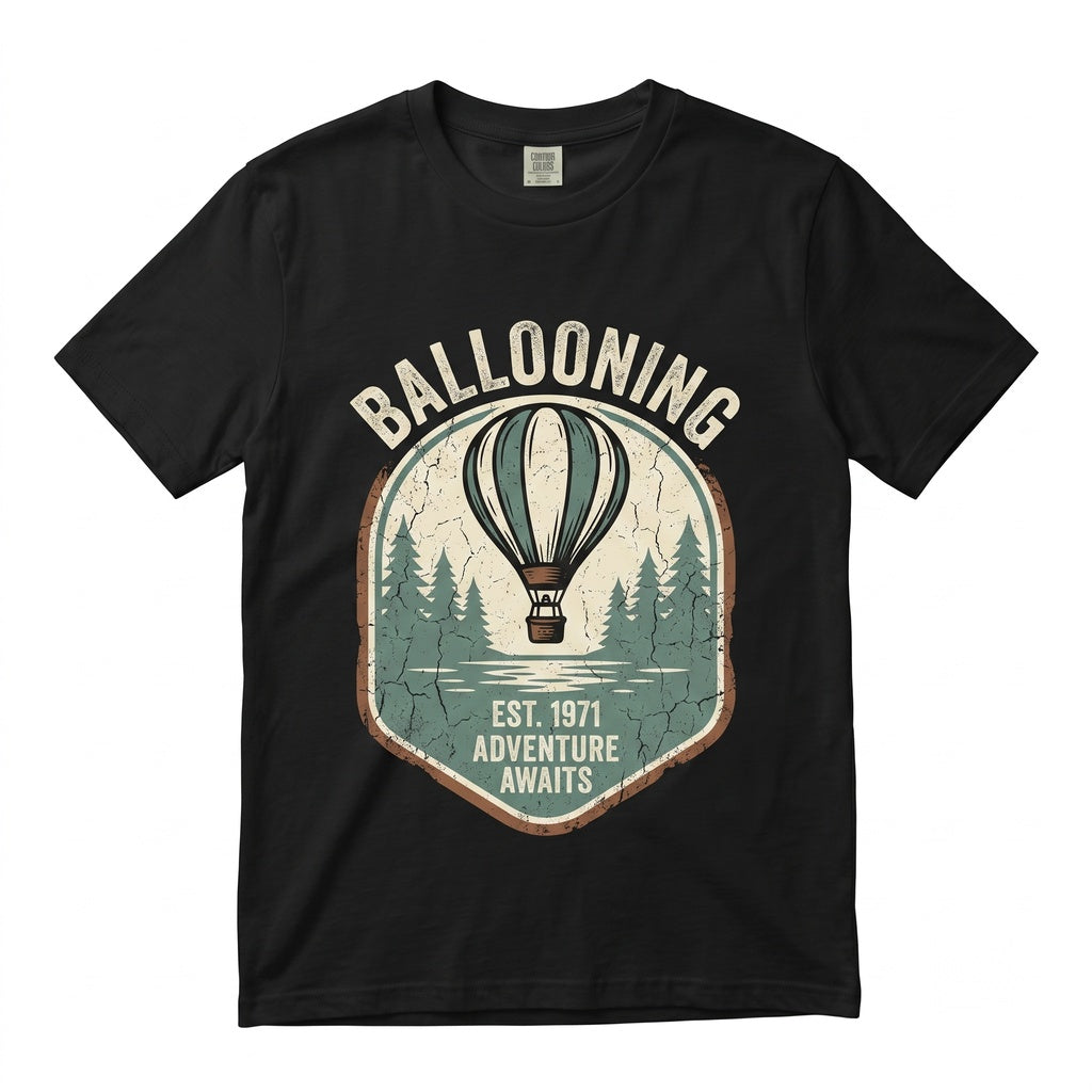 Hot Air Balloon Adventure Explorer Retro Mountain River Scene Cotton Blend Distressed Print S-XXL Unisex TShirt