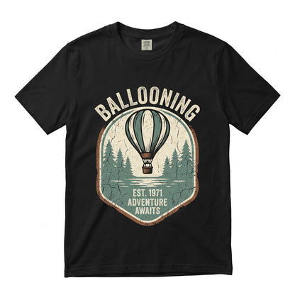 Hot Air Balloon Adventure Explorer Retro Mountain River Scene Cotton Blend Distressed Print S-XXL Unisex TShirt