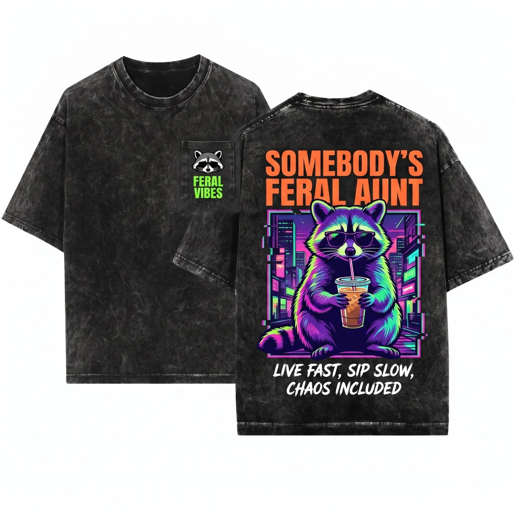 Somebodys Feral Aunt Raccoon Iced Coffee Funny Gift Apparel Unisex Wash T-Shirt