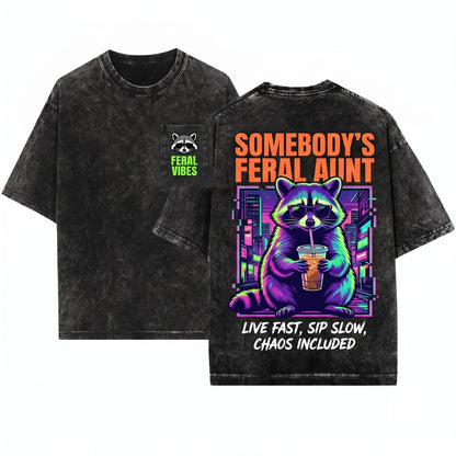 Somebodys Feral Aunt Raccoon Iced Coffee Funny Gift Apparel Unisex Wash T-Shirt