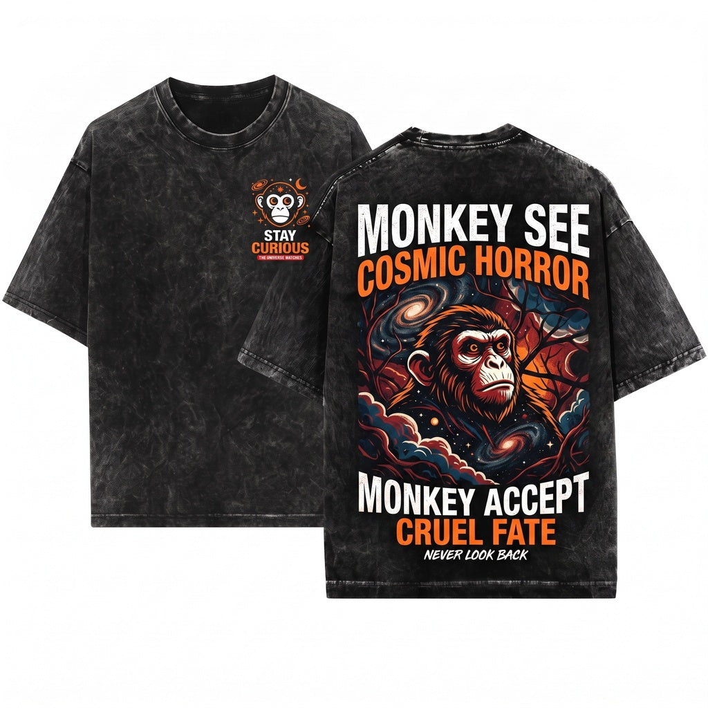 Vintage Japanese Cosmic Horror Funny Monkey See Graphic Unisex Wash T-Shirt