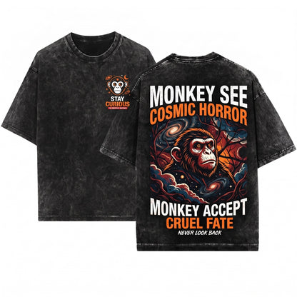 Vintage Japanese Cosmic Horror Funny Monkey See Graphic Unisex Wash T-Shirt