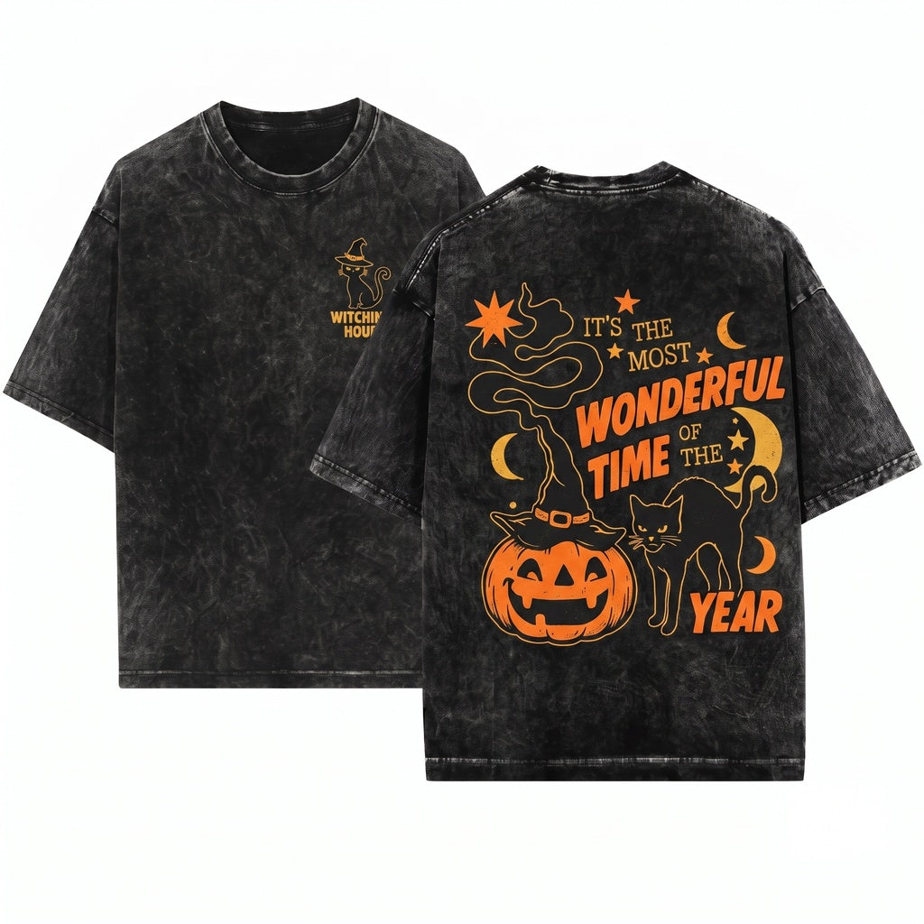 Vintage 90s Spooky Halloween Black Cat Witchy Pumpkin Most Wonderful Time Year Unisex Wash T-Shirt