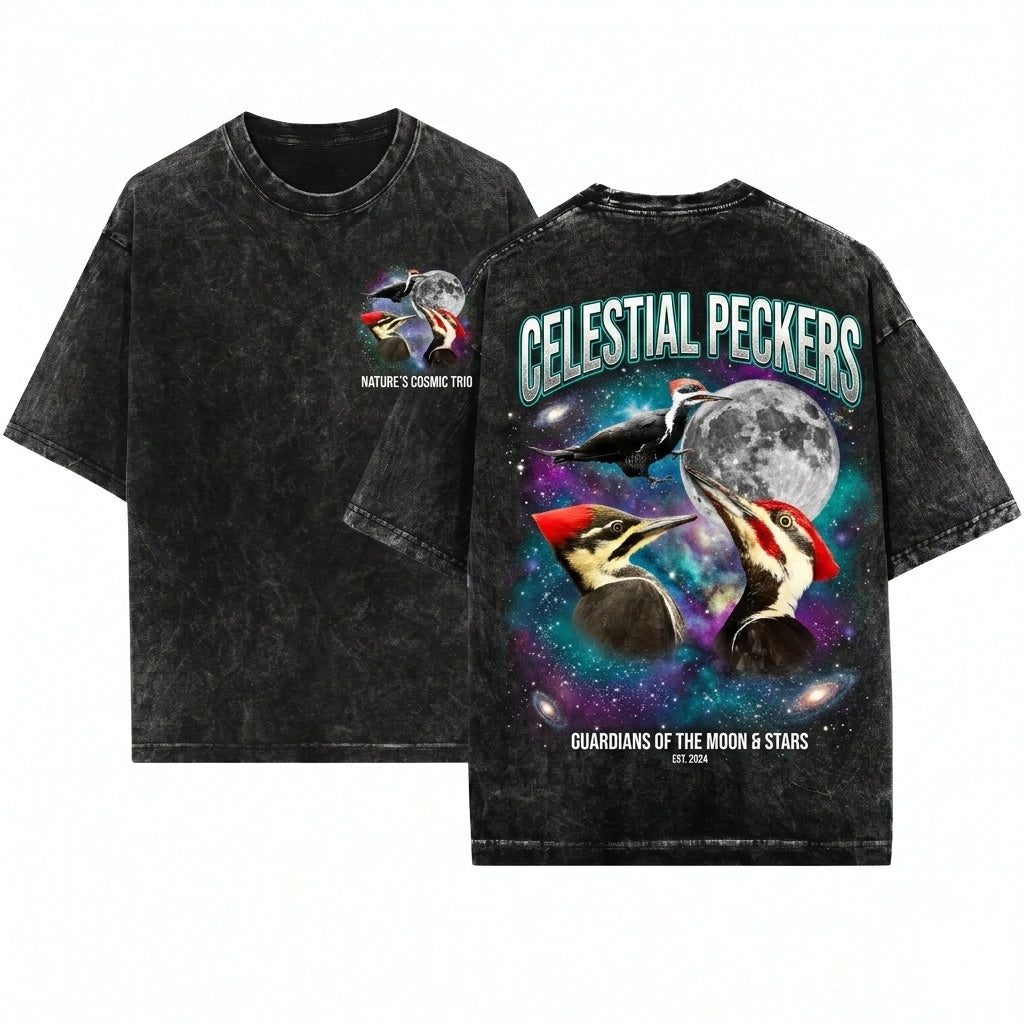 Here's my take Three Pileated Woodpecker Moon Vintage Galaxy Cosmic Birder Space Animal Graphic Unisex Wash T-Shirt