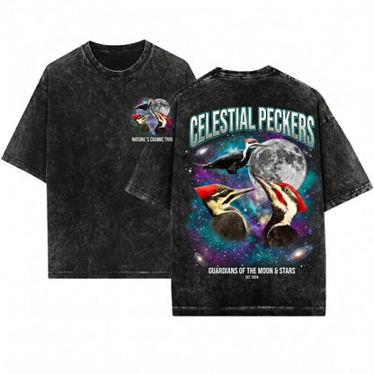 Here's my take Three Pileated Woodpecker Moon Vintage Galaxy Cosmic Birder Space Animal Graphic Unisex Wash T-Shirt