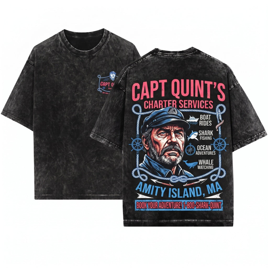 Captain Quint Amity Island Shark Hunter Vintage Movie Graphic Novelty Unisex Wash T-Shirt
