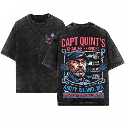 Captain Quint Amity Island Shark Hunter Vintage Movie Graphic Novelty Unisex Wash T-Shirt