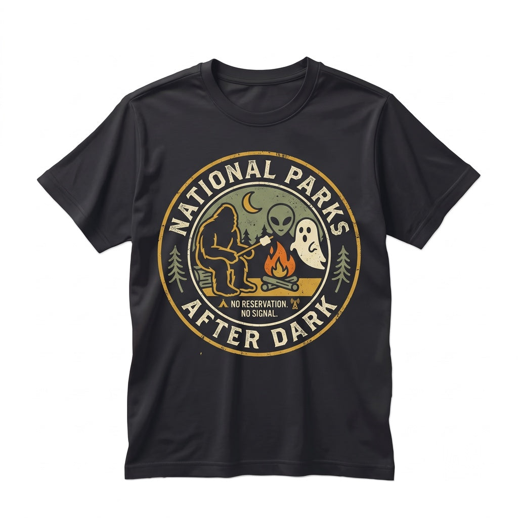 National Parks After Dark Cryptid Camping Apparel Bigfoot Mothman Ghost Alien Graphic Unisex TShirt