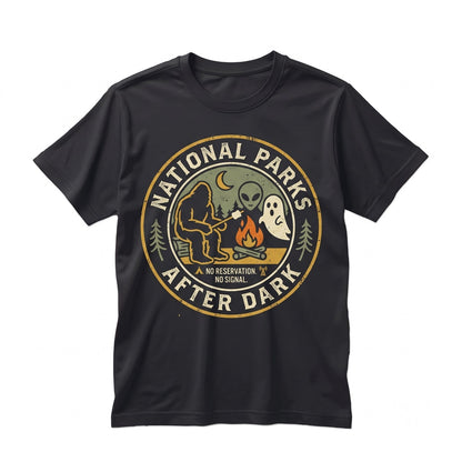 National Parks After Dark Cryptid Camping Apparel Bigfoot Mothman Ghost Alien Graphic Unisex TShirt