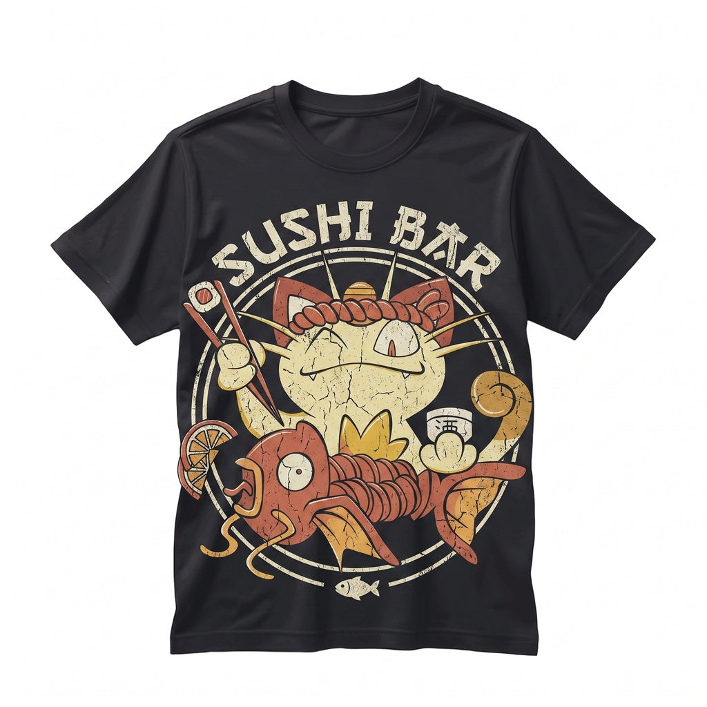 Retro Japanese Sushi Bar Anime Cat and Koi Fish Vintage Wash Oversized Graphic Gamer Gift Unisex TShirt