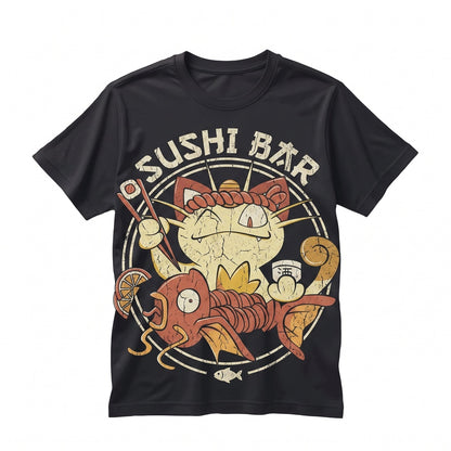 Retro Japanese Sushi Bar Anime Cat and Koi Fish Vintage Wash Oversized Graphic Gamer Gift Unisex TShirt