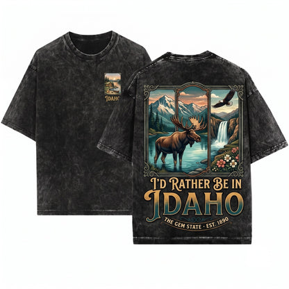 Rather Be In Idaho Wildlife Design Rustic Cabin & Waterfall Landscape Vintage Art Outdoor Adventure Nature Lover Gift Unisex Wash