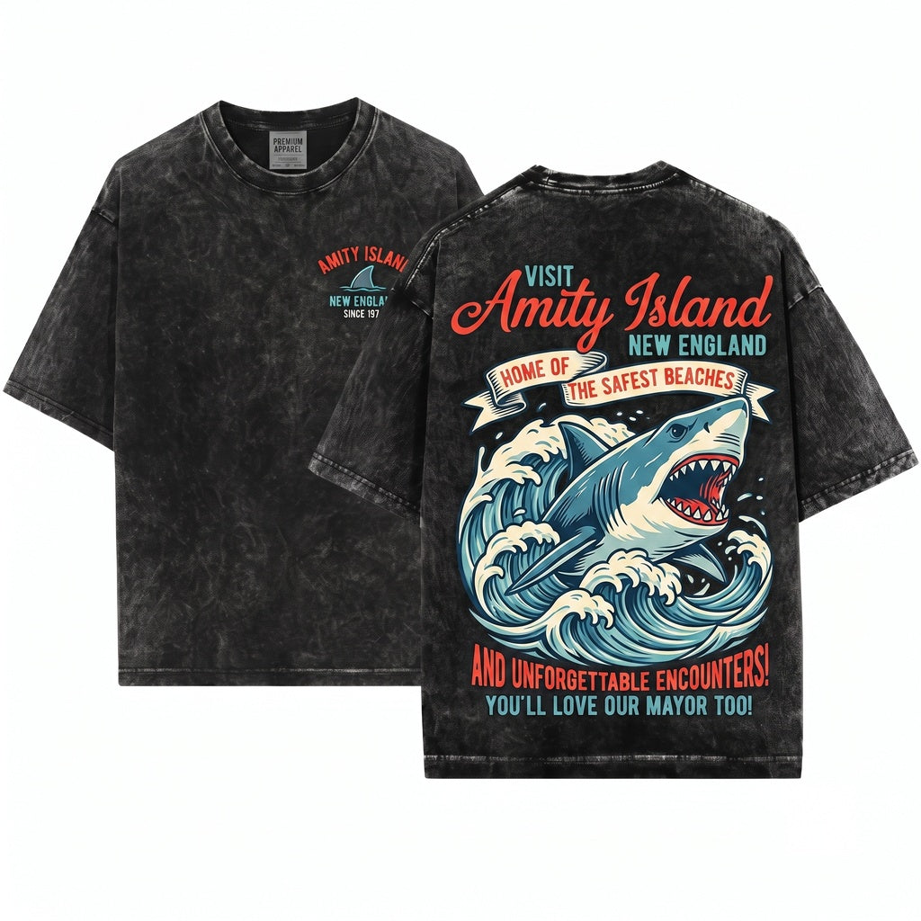 Retro Amity Island Funny Shark Movie Graphic Unisex Wash T-Shirt