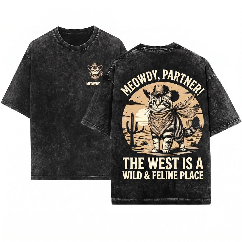 Meowdy Partner Funny Vintage Western Cowboy Cat Apparel Graphic Unisex Wash T-Shirt