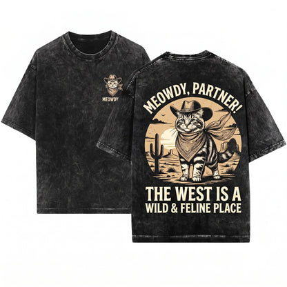 Meowdy Partner Funny Vintage Western Cowboy Cat Apparel Graphic Unisex Wash T-Shirt