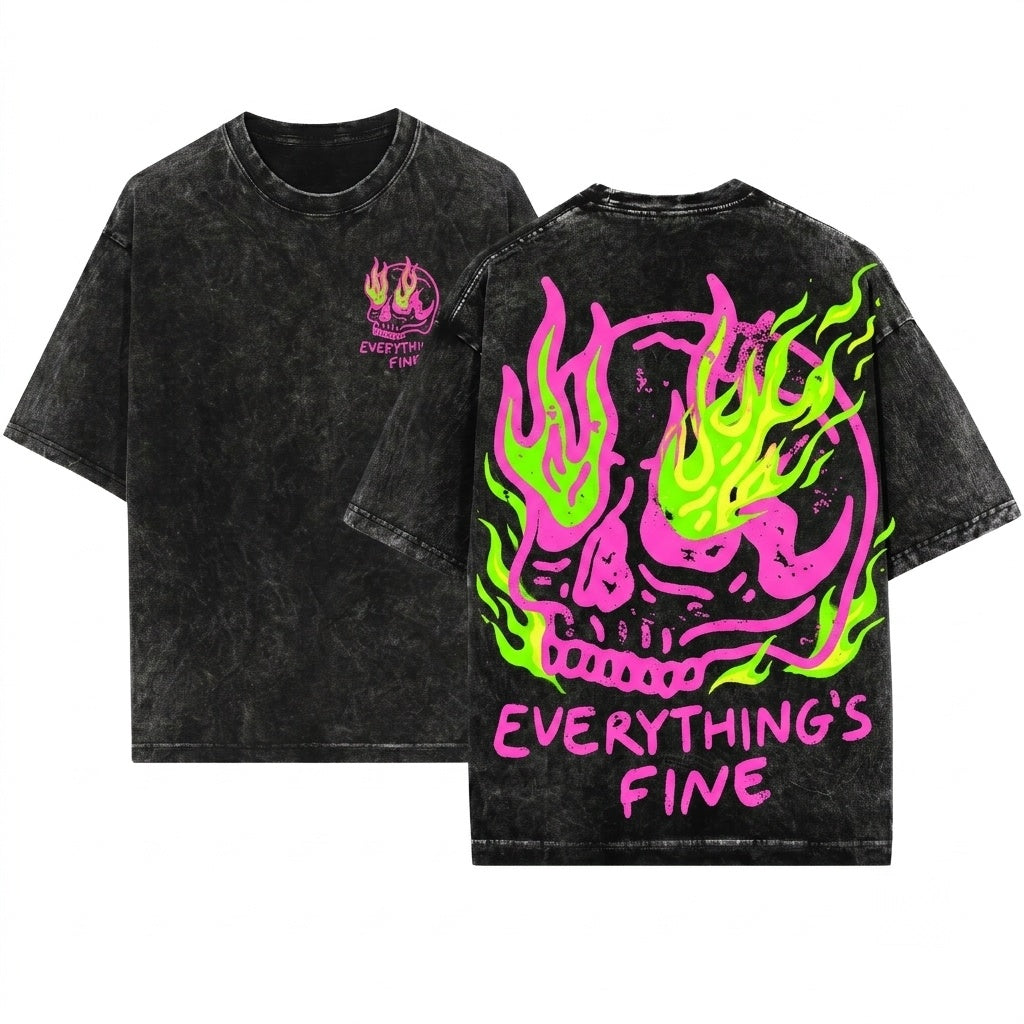 Everything Is Fine Retro Sarcastic Skeleton Neon Festival Rebel Graphic Unisex Wash T-Shirt