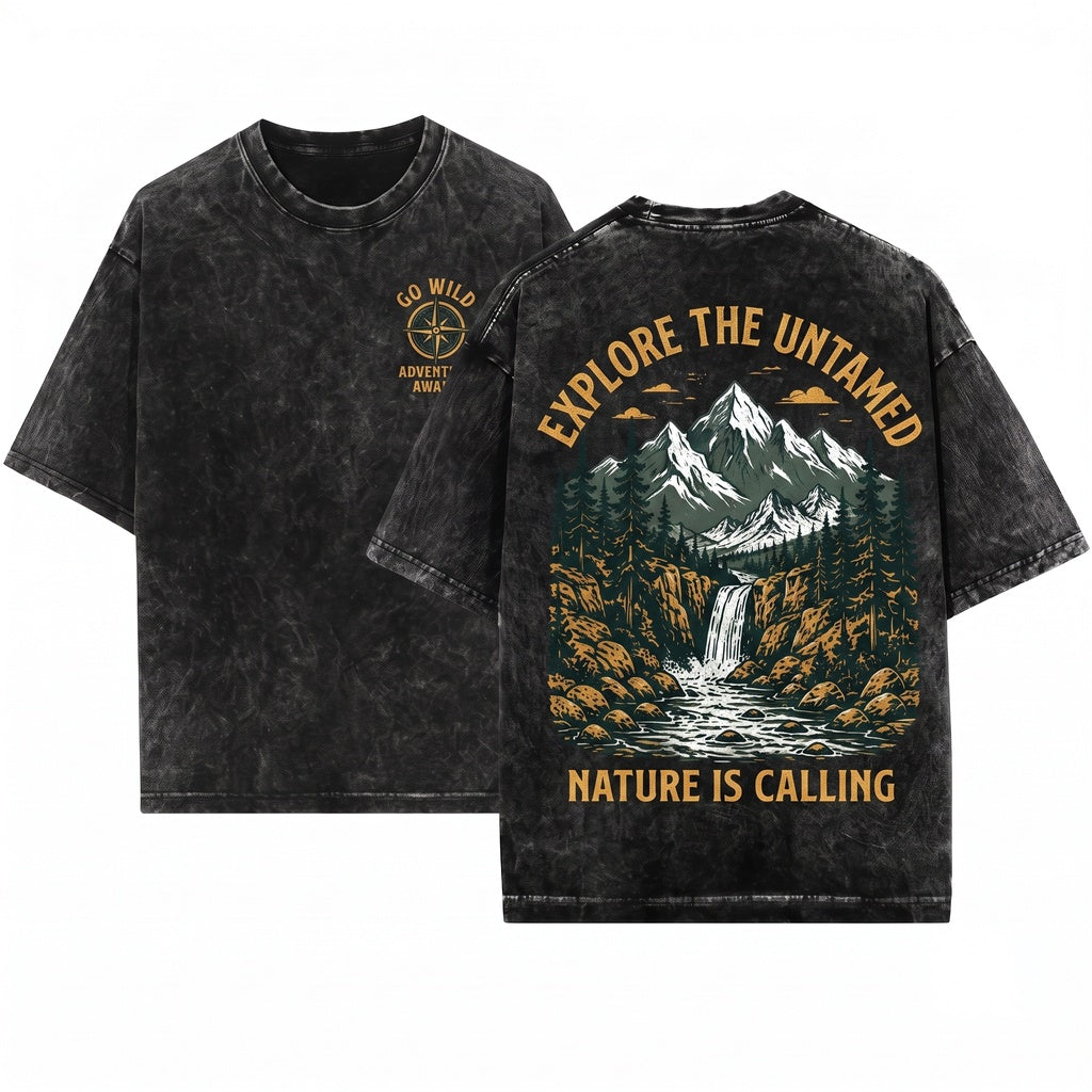 Vintage Mountain Waterfall Rustic Forest River Landscape Outdoor Nature Adventure Hiking Gift Unisex Wash T-Shirt