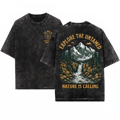 Vintage Mountain Waterfall Rustic Forest River Landscape Outdoor Nature Adventure Hiking Gift Unisex Wash T-Shirt