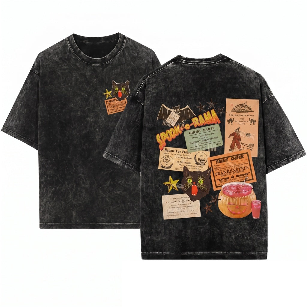 Retro Vintage Halloween Spooky Season Ephemera Party Bat Cat Unisex Wash T-Shirt
