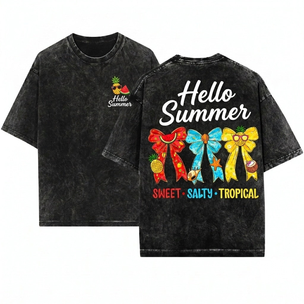 Hello Summer Coquette Tropical Bow Sweet Salty Beach Fruit Seashell Vacation Unisex Wash T-Shirt