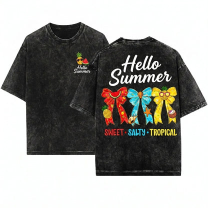 Hello Summer Coquette Tropical Bow Sweet Salty Beach Fruit Seashell Vacation Unisex Wash T-Shirt