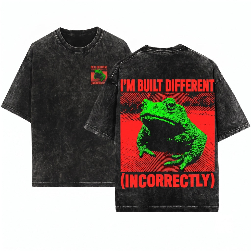 Longline Built Different Frog Meme Graphic Vintage Cotton Top Unisex Wash T-Shirt