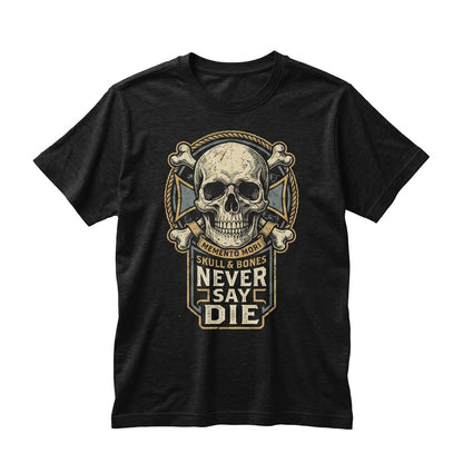 Vintage 80s Adventure Never Say Die One Eyed Willy Skull Copper Bone Pirate Map Graphic Unisex TShirt