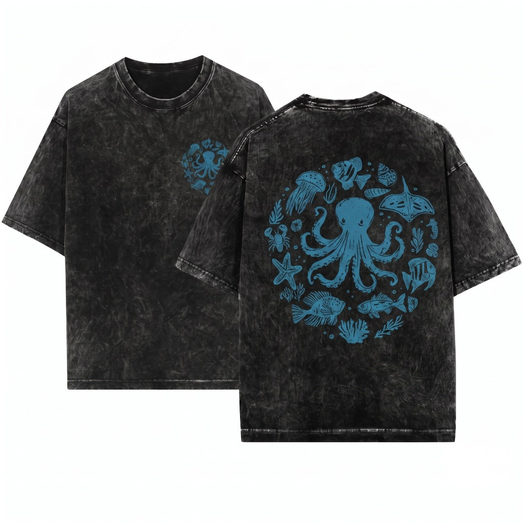 Vintage Retro Octopus Ocean Conservation Graphic Apparel Unisex Wash T-Shirt