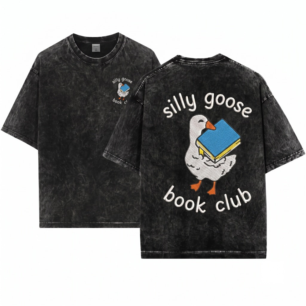 Silly Goose Book Club Embroidered Whimsical Reading Graphic Gift for Readers Unisex Wash T-Shirt