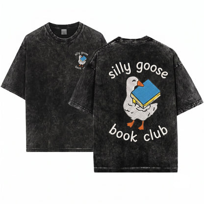 Silly Goose Book Club Embroidered Whimsical Reading Graphic Gift for Readers Unisex Wash T-Shirt