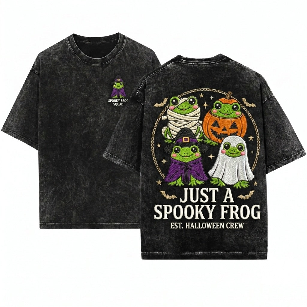 Just A Cute Kawaii Embroidered Spooky Halloween Frog Gift Unisex Wash T-Shirt