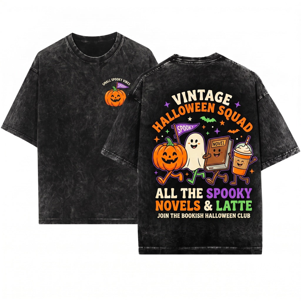 Cute Smiling Halloween Pumpkin Ghost Book Coffee Reader Cozy Fall Graphic Doodles Unisex Wash T-Shirt