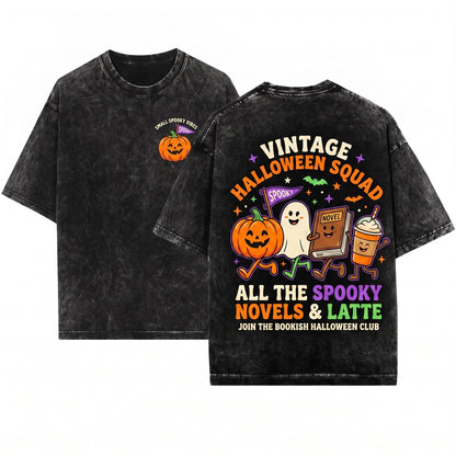 Cute Smiling Halloween Pumpkin Ghost Book Coffee Reader Cozy Fall Graphic Doodles Unisex Wash T-Shirt