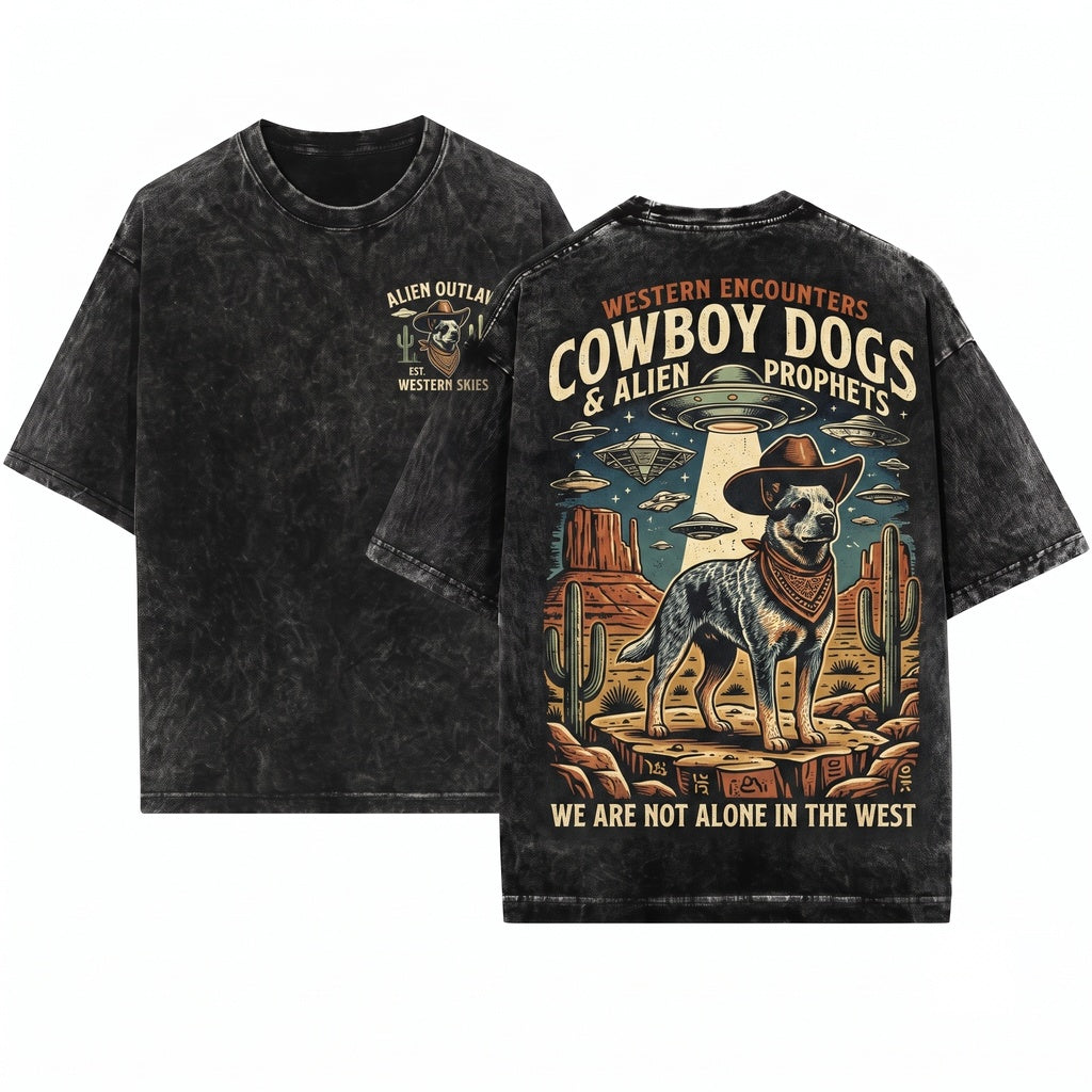 Cowboy Australian Cattle Dog UFO Vintage Western Desert Graphic Blue Heeler Wild West Lovers Gift Unisex Wash T-Shirt