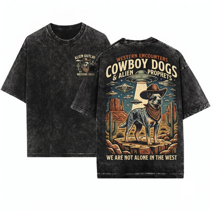 Cowboy Australian Cattle Dog UFO Vintage Western Desert Graphic Blue Heeler Wild West Lovers Gift Unisex Wash T-Shirt