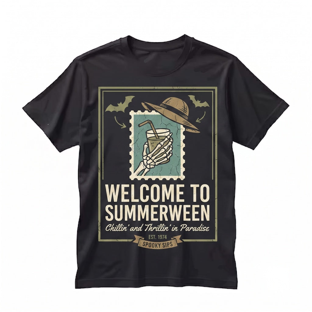 Summerween Skeleton Spooky Beach Vacation Halloween Chillin Thrillin Unisex TShirt