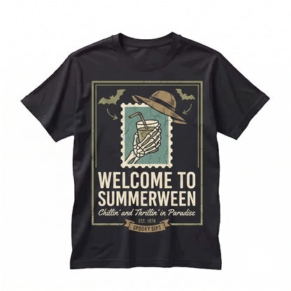 Summerween Skeleton Spooky Beach Vacation Halloween Chillin Thrillin Unisex TShirt