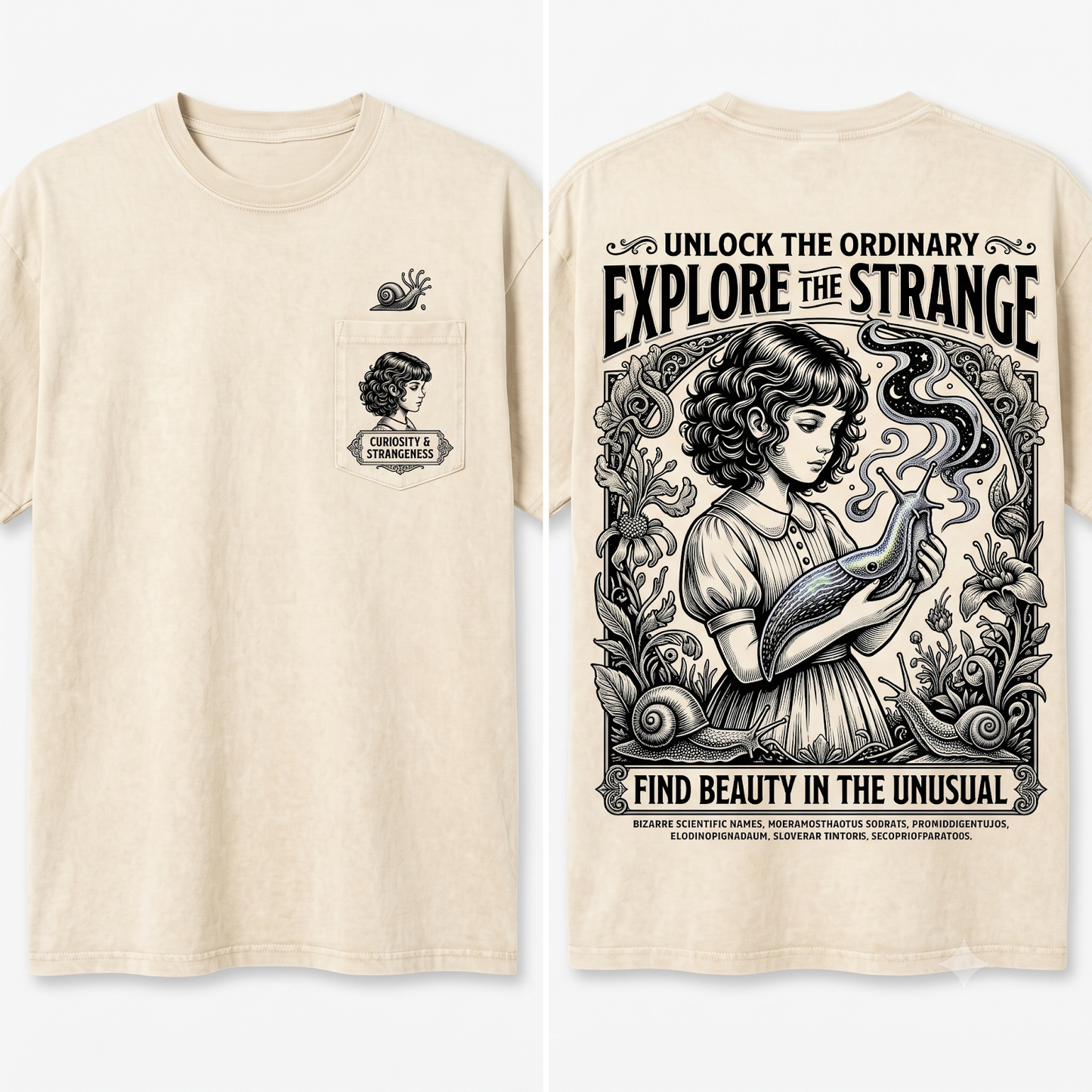 Vintage Girl With Slug Graphic Tee - Weird Aesthetic Creepy Cute Meme Retro Grotesque Dark Humor Surreal Art Gift Unisex Heavyweight Garment-Dyed T-Shirt
