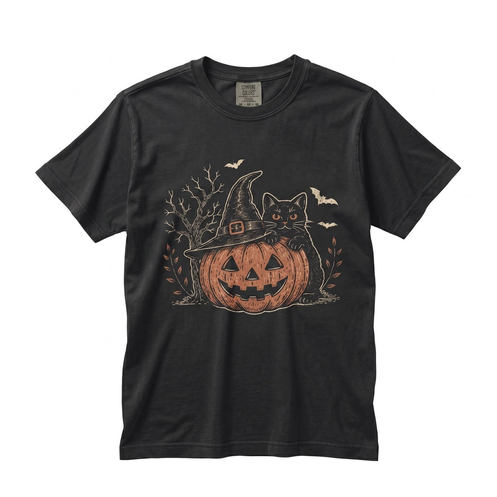 Witch Hat Black Cat Halloween Pumpkin Moon Night Vintage Autumn Aesthetic Cozy Fall Spooky Graphic Unisex TShirt