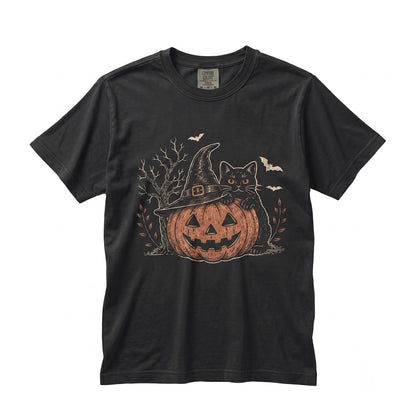 Witch Hat Black Cat Halloween Pumpkin Moon Night Vintage Autumn Aesthetic Cozy Fall Spooky Graphic Unisex TShirt