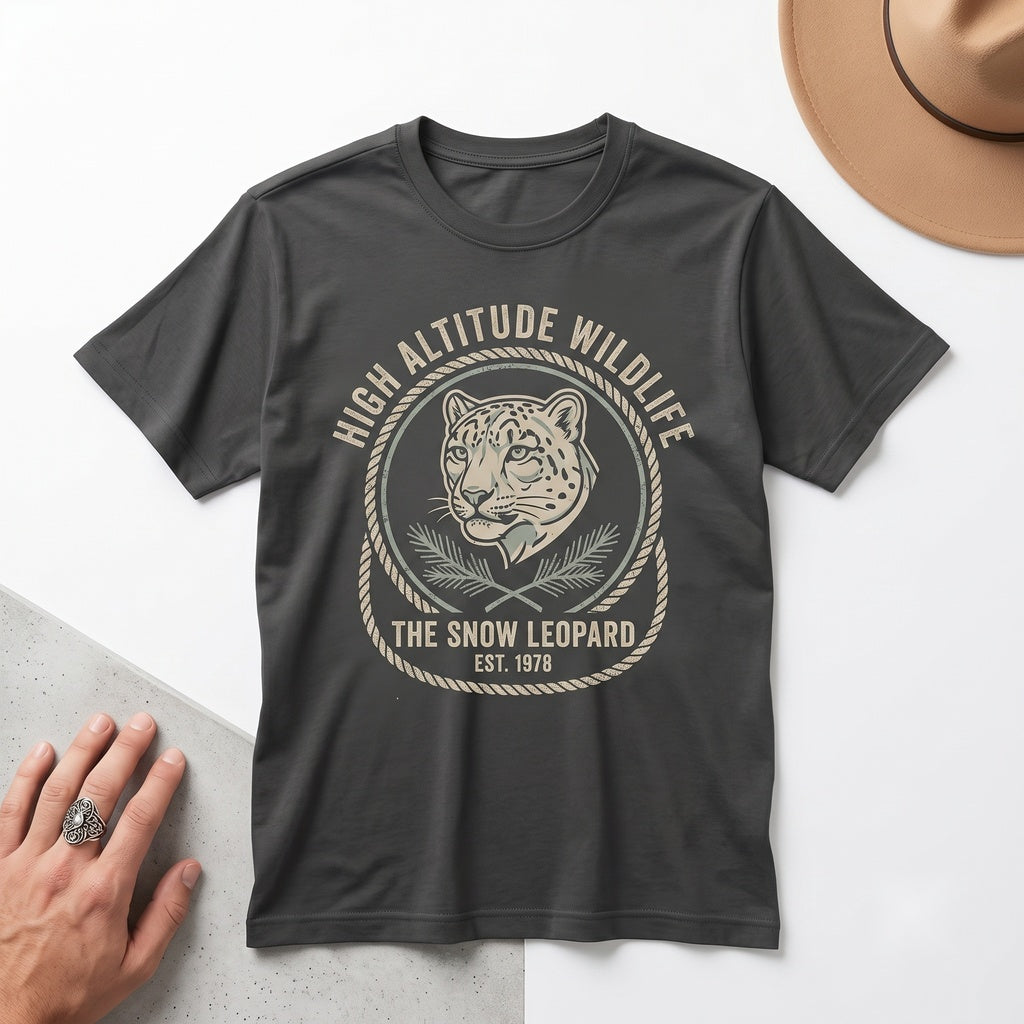 Retro Snow Leopard Mountain Graphic Alpine Wildlife Rugged Wilderness Nature Big Cat Lover Gift Unisex TShirt