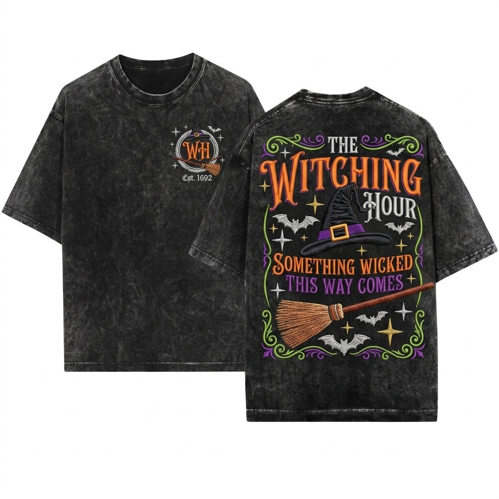 Customized Personalized Halloween Spooky Teacher Mrs Smith Embroidered Witch Hat Broom Crewneck Sweatshirt Gift Unisex Wash