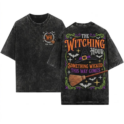 Customized Personalized Halloween Spooky Teacher Mrs Smith Embroidered Witch Hat Broom Crewneck Sweatshirt Gift Unisex Wash