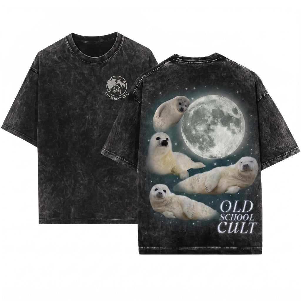 Three Baby Seal Retro Vintage Graphic Moon Cute Sea Dog Lovers Adult Gift Unisex Wash T-Shirt