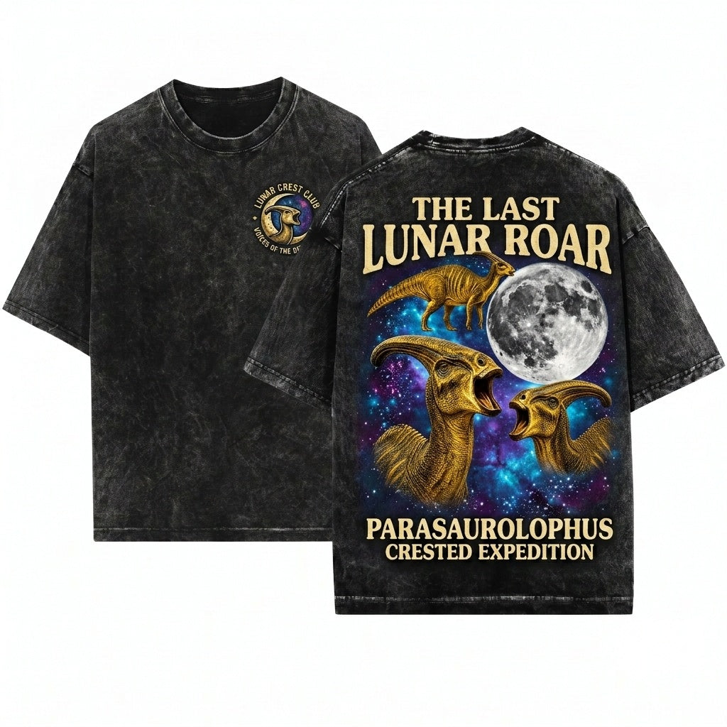 Three Parasaurolophus Moon Dinosaur Galaxy Vintage Retro Prehistoric Nature Graphic Unisex Wash T-Shirt
